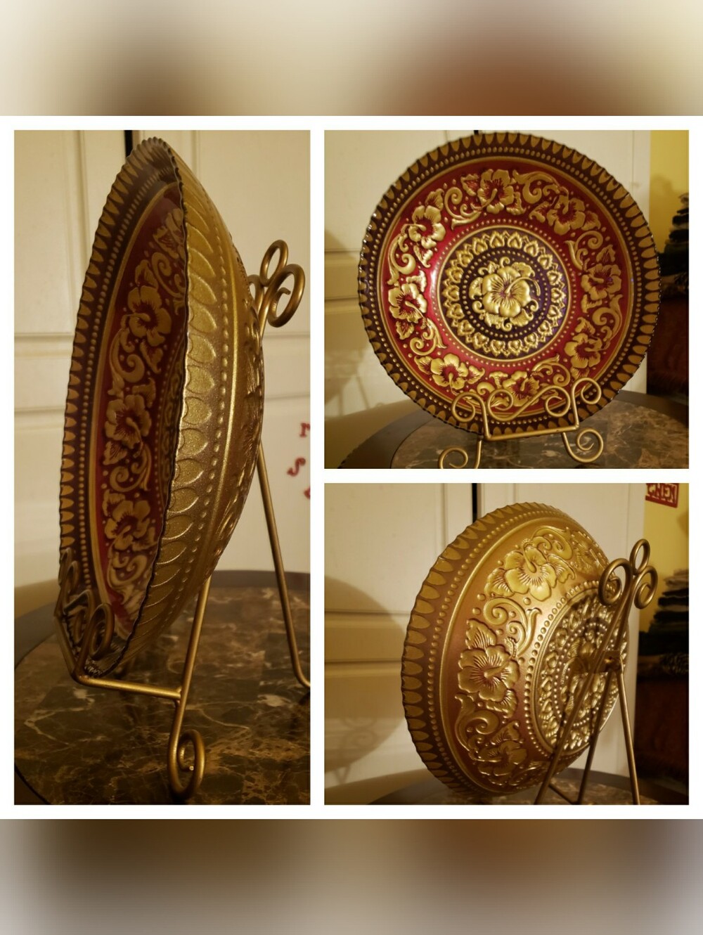 Decorative Red, Purple, and Gold Embossed Display Plate Of Dinner Serving Bowl